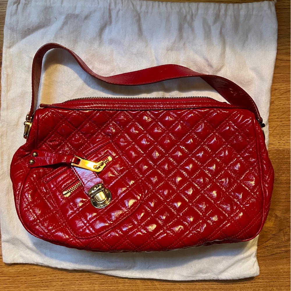 Marc Jacobs Red Quilted Patent Shoulder Bag with Gold Hardware
